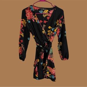 Black Colorful Floral Mini Dress / Wrap dress with Long Sleeves